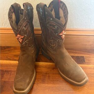 Tony Lama Brown Leather Boots with Leopard Print Lining